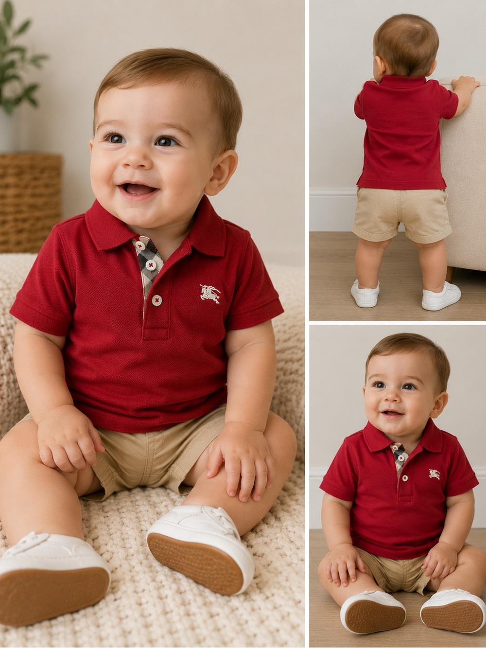 Burberry Baby Boys Polo Shirt 12 Months Red Nova Check Trim Classic Logo EUC